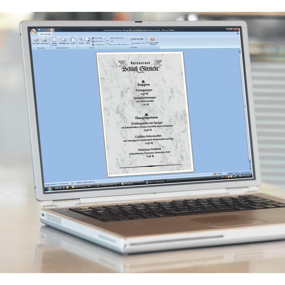Laptop, Open document, Windowed screen, Blue background, Menu on screen