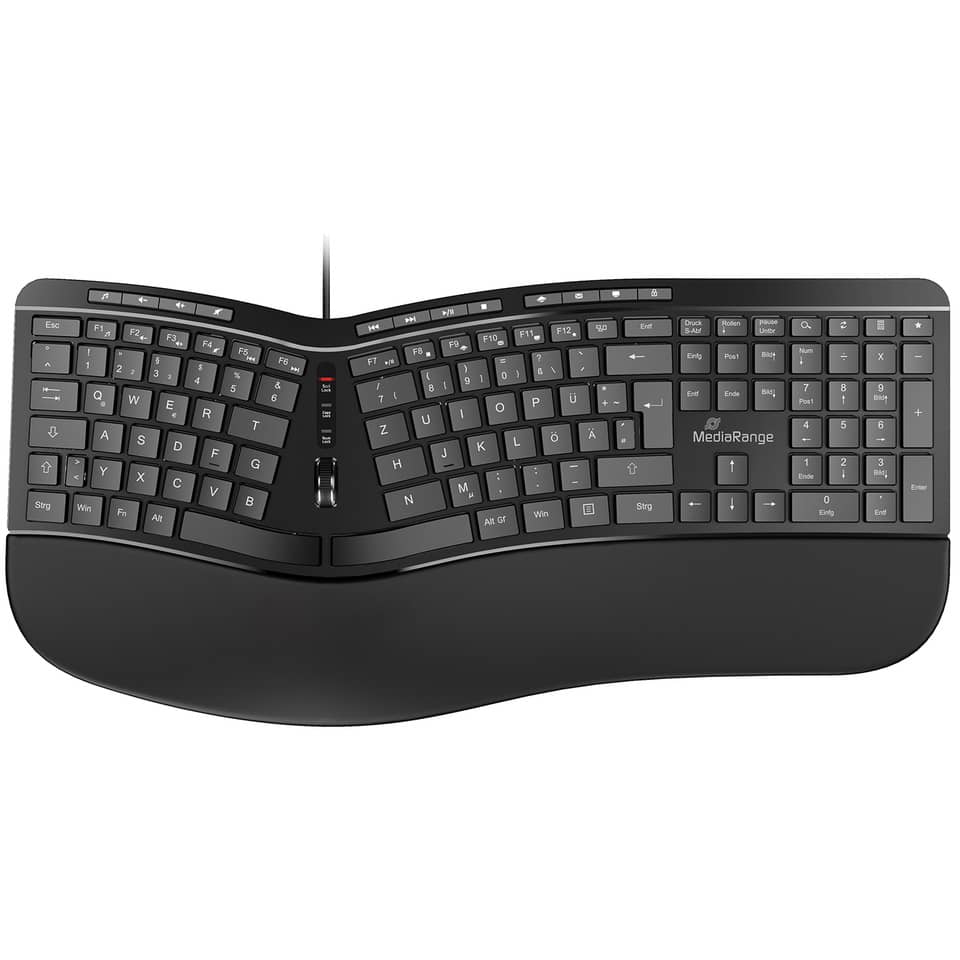 Kabeltastatur, Kurvige Tastatur, Silikon-Handgelenkstütze, QWERTZ, MediaRange