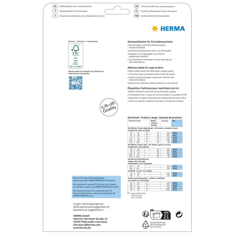 A4 Papier, Büroetikett, Labelblatt, stahlblau, FSC-Logo