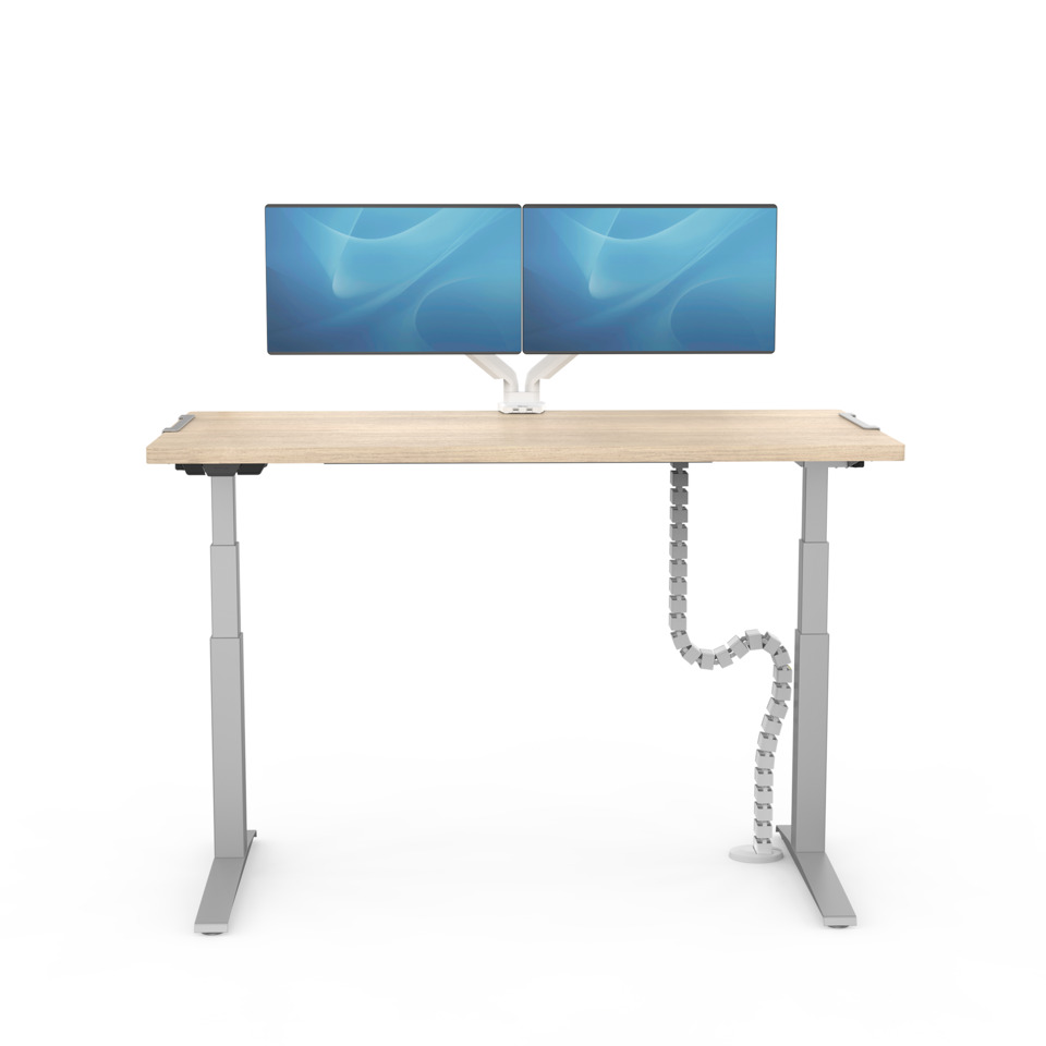 desk, standing desk, dual monitor, wood top, cable management