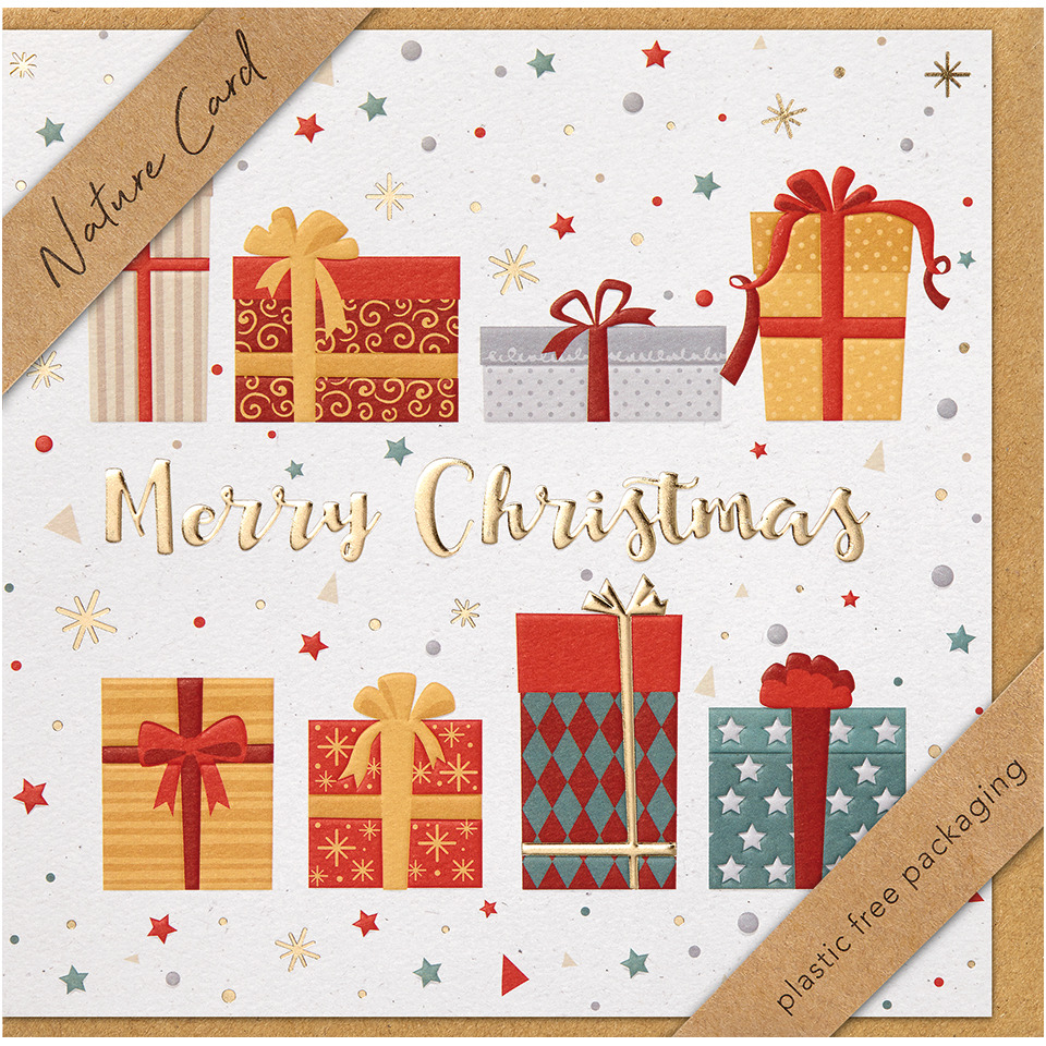 Weihnachtskarte, Geschenkboxen, Merry Christmas, Goldschrift, Papierschnitt