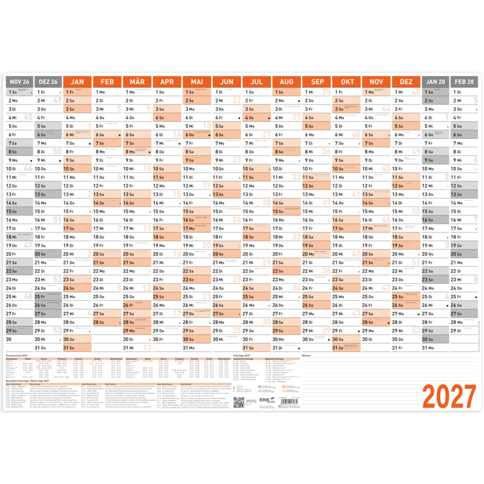 kalender, wandkalender, 2027, Monatskalender, Tagesansicht