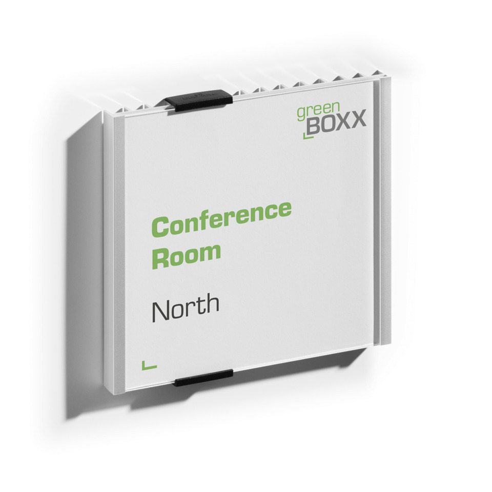Konferenzraum Schild, North Beschriftung, grün Boxx, Büroschild, Standort-Markierung, conference room sign, north, white panel, green text, name plate