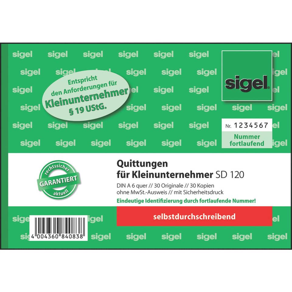 Quittungen, Kleinunternehmer, SD 120, selbstdurchschreibend, Barcode