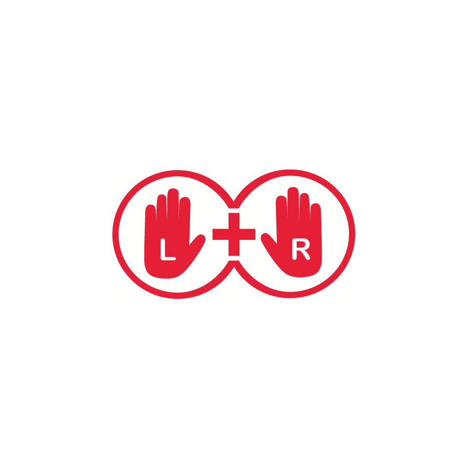 Sicherheitszeichen, Hand-Symbol, L+R, zwei Kreise, roter Umriss