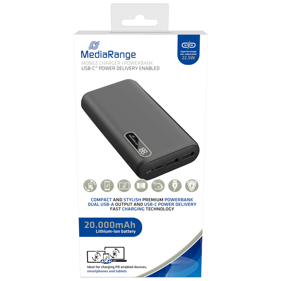 Powerbank, Lithium-ion 20000mAh, USB-C, Dual USB-A, Schnellladung, Powerbank, Lithium-ion, 20.000mAh, USB-C, Dual USB-A