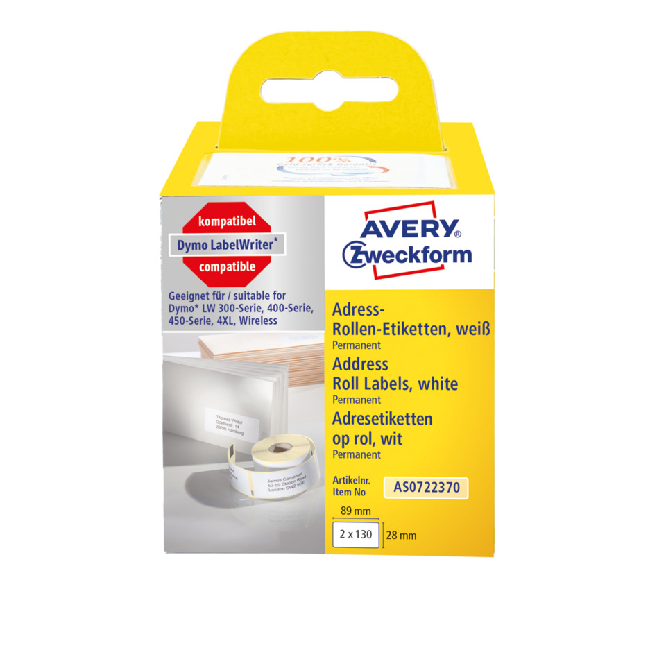 Adressetiketten, weiß, Permanent, Etikettenrollen, Avery Zweckform