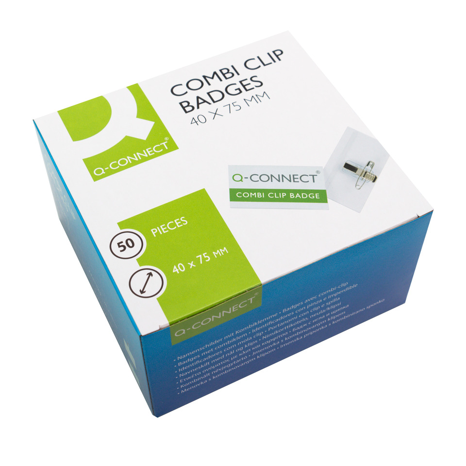 Combi Clip Badges, Badge Box, 50 pieces, 40 x 75 mm, Q-Connect
