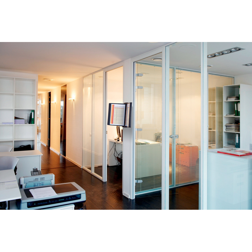 office, office interior, glass partitions, cubicles, printer