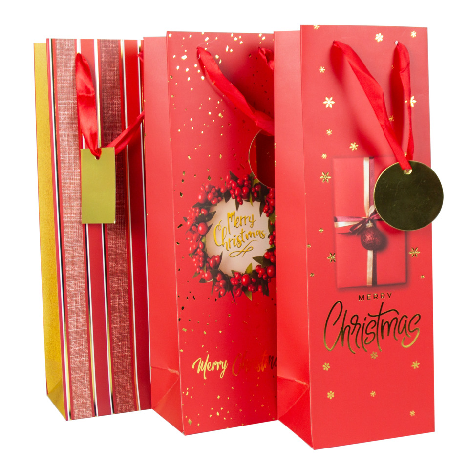 Gift bag, Christmas bag, Red color, Ribbon handle, Gold tag