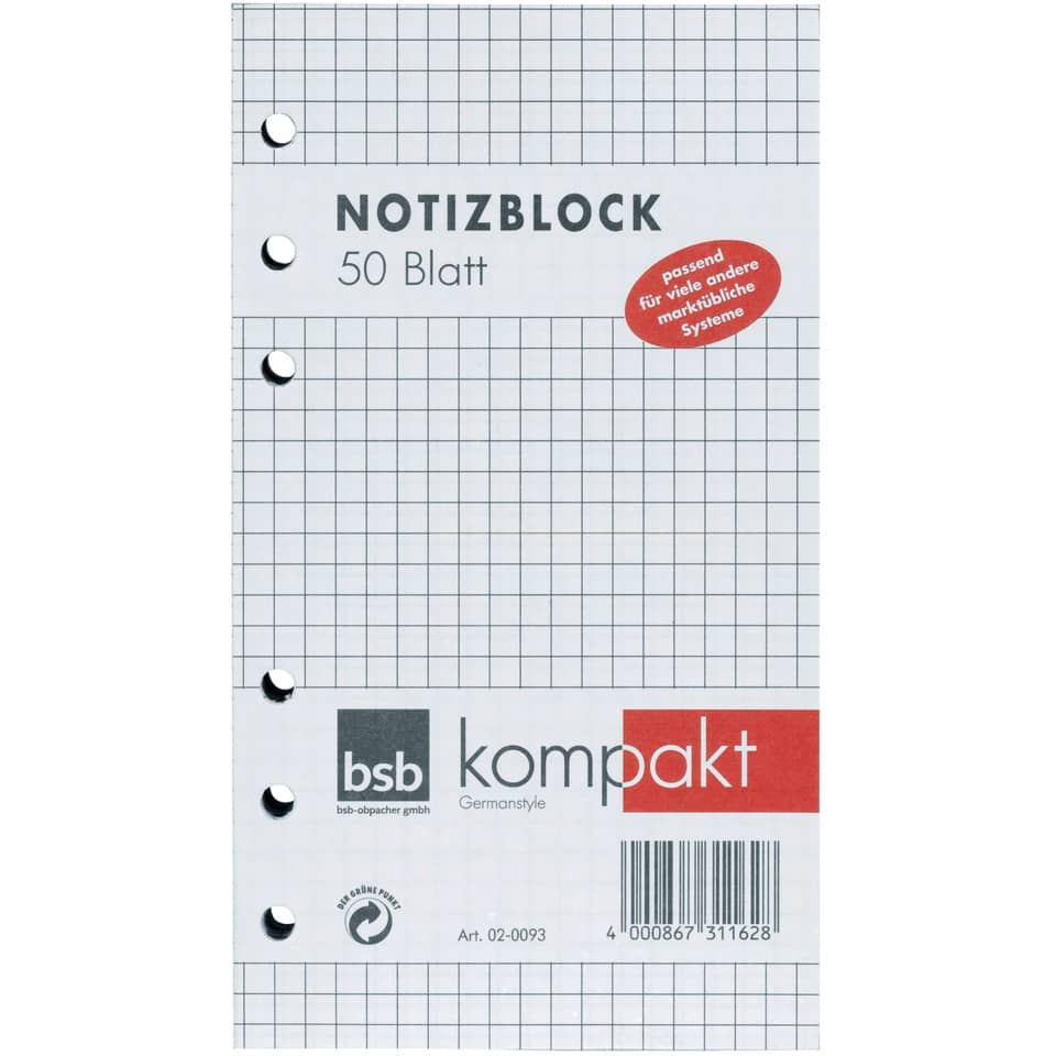 Notizblock, 50 Blatt, Gittermuster, Lochung, BSB Kompakt