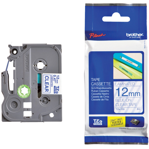 Schriftband laminiert, 12mmx8m, blau/transparent BROTHER TZE133