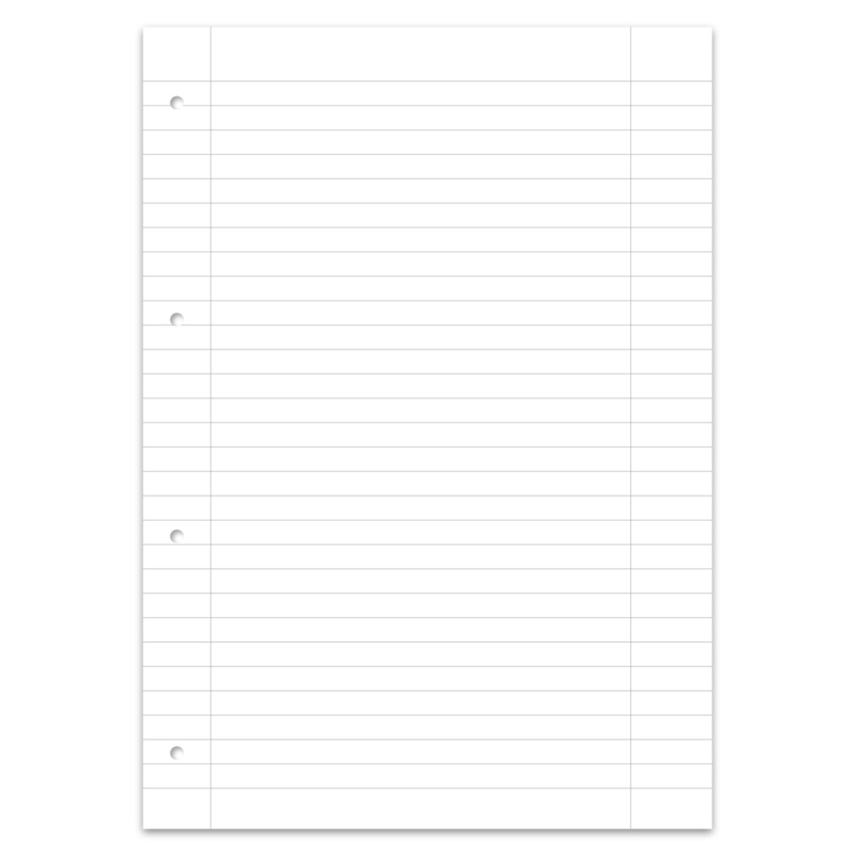 notebook, linearreits, geriffelte seiten, drei Lochungen, weißes blatt