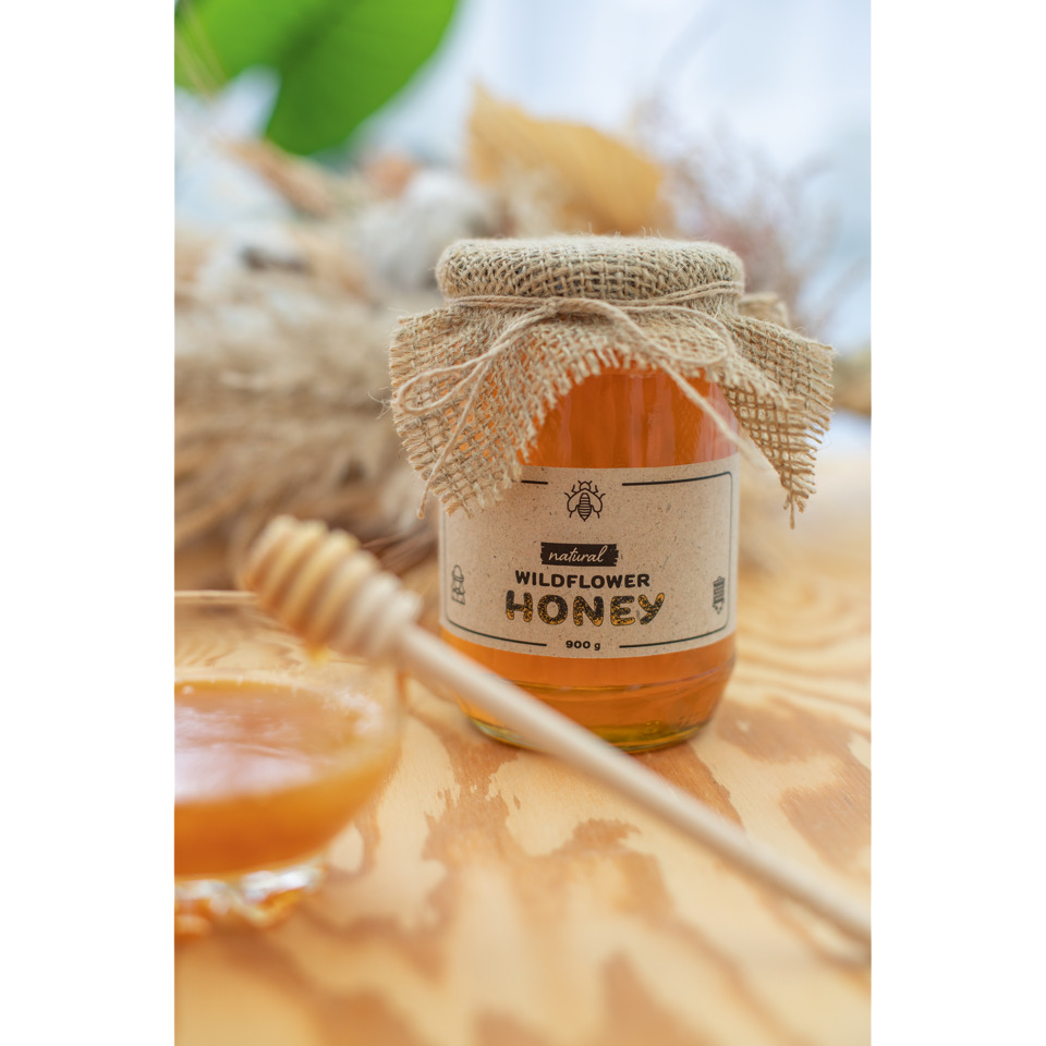 Honig, Wildflower Honig, Glas Honig, Jute Deckel, 900 g, Honig, Wildeblumen, Glas, Bienenprodukt, Naturbelassen