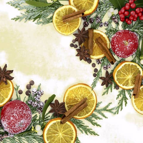 orange, orange slices, cinnamon sticks, star anise, pine branches