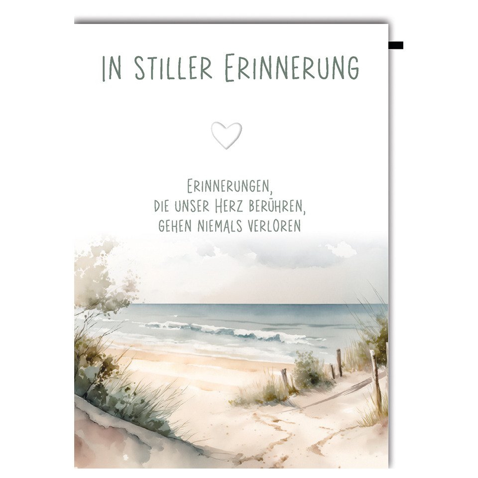 Kartenmotiv, Trauerkarte, Meerlandschaft, Sandstrand, Herzsymbol