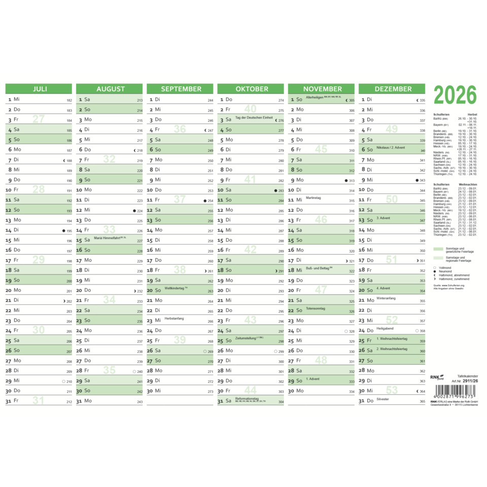  Wandkalender,  Rasterlayout,  Monatliche Seiten,  grüne Akzente,  2026 Kalender