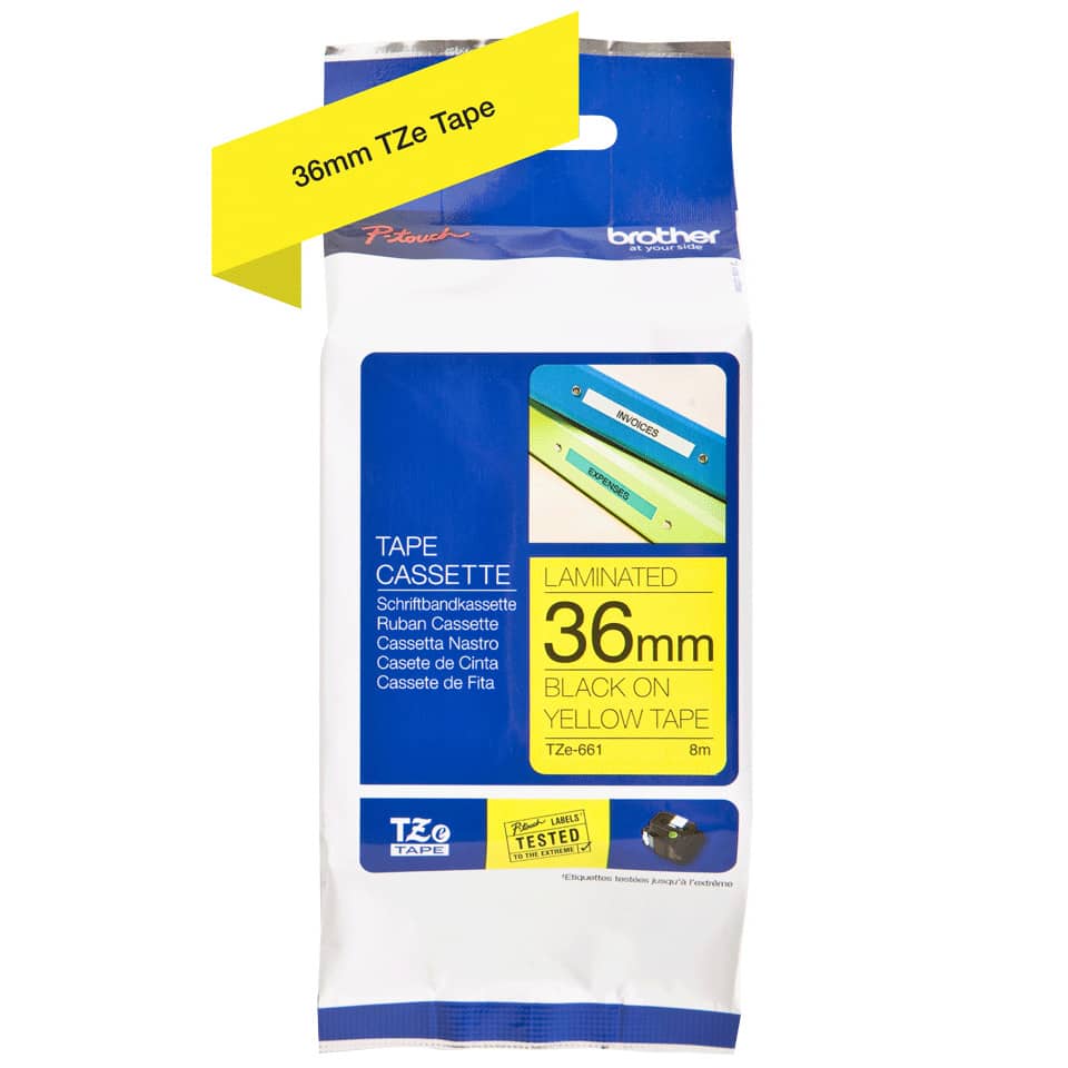 Tape, Kassette, 36mm, Schwarz auf Gelb, Laminiert