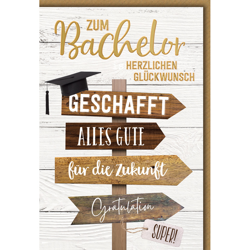 Abschlusskarte, Glückwunschkarte, Holzoptik, Schild, Graduationsmütze