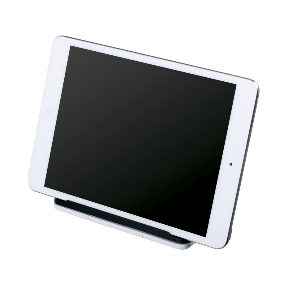 Tabletständer, weißes Tablet, Berührungssensor, schlankes Design, Bildschirm schwarz