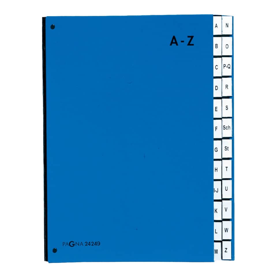 Ordner, Umschlag, A-Z-Katalog, Kühlblau, Schwarz-Weiß-Verzierung