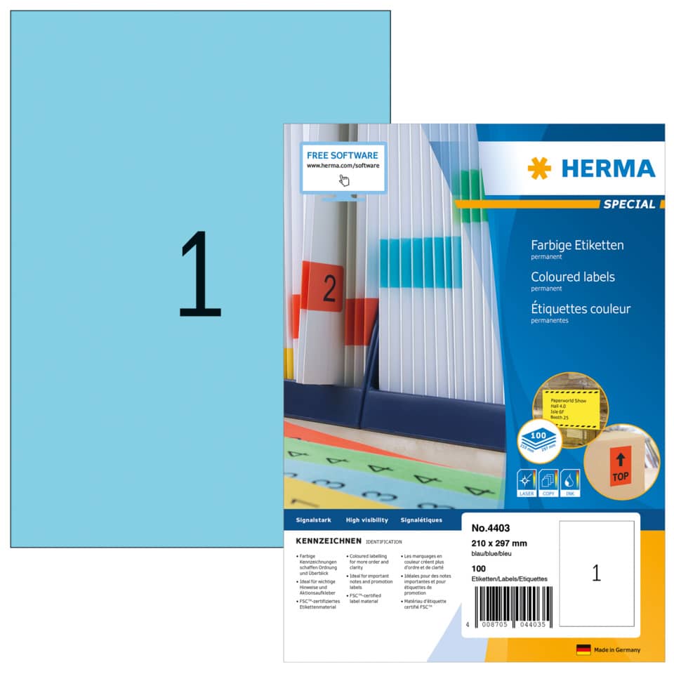 Etiketten permanent, 210x297mm, 100 Stück, blau HERMA 4403