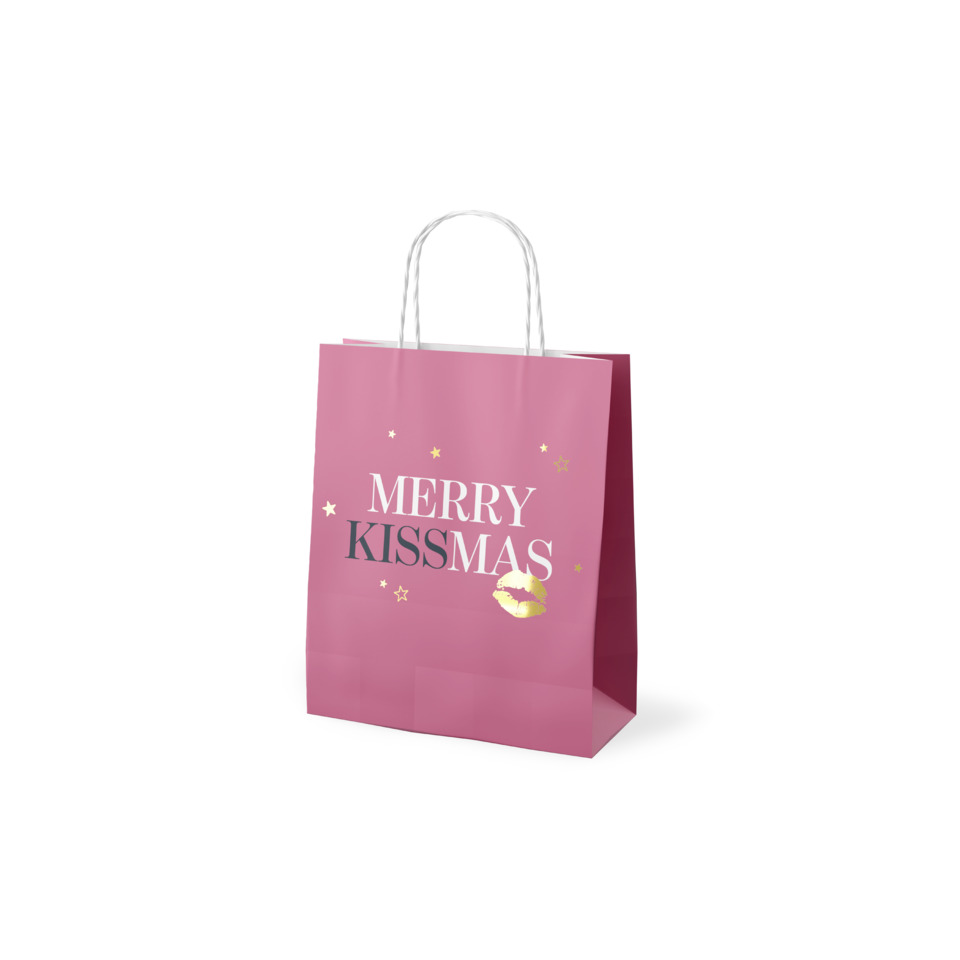Geschenktüte, Pink, Merry Kissmas, Papiertragetasche, Goldakzente