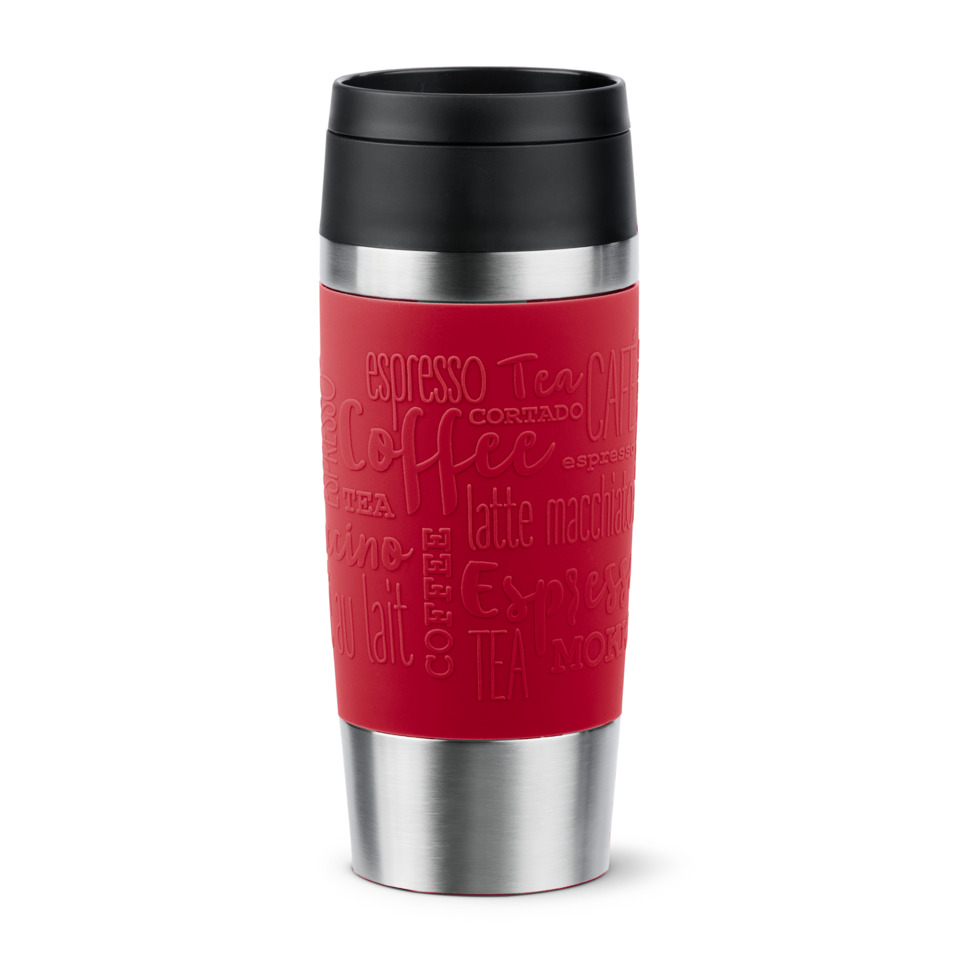 Thermobecher, Kaffee, rot, Edelstahl, Mustertext