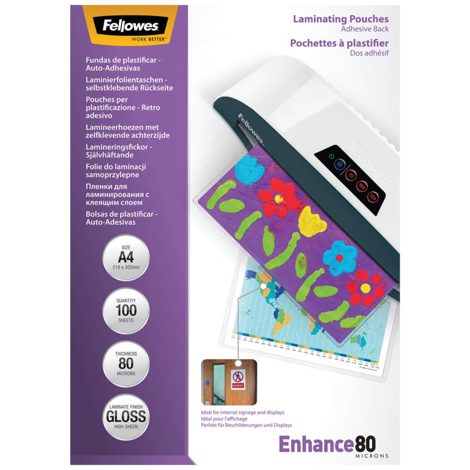 laminating pouch, adhesive back, A4 size, clear pouch, 100 sheets