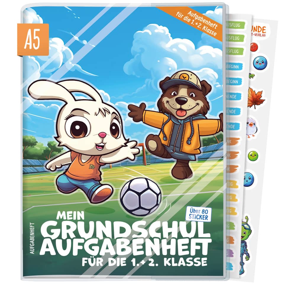 Schulheft, Aufgabenheft, Grundschule, Fußball, Cartoon