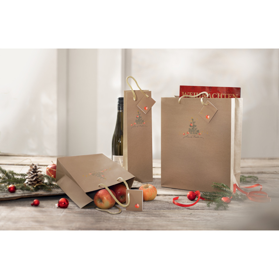 Geschenkverpackung, Papiertüte, Weihnachten, Beutel mit Henkel, Dekoration, Geschenktaschen, Papiertüten, Weinflasche, Äpfel, Weihnachtsdeko