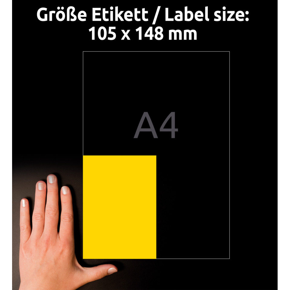 Hand, Gelbes Rechteck, A4-Größenetikett, Schwarzer Hintergrund, Poster-Layout