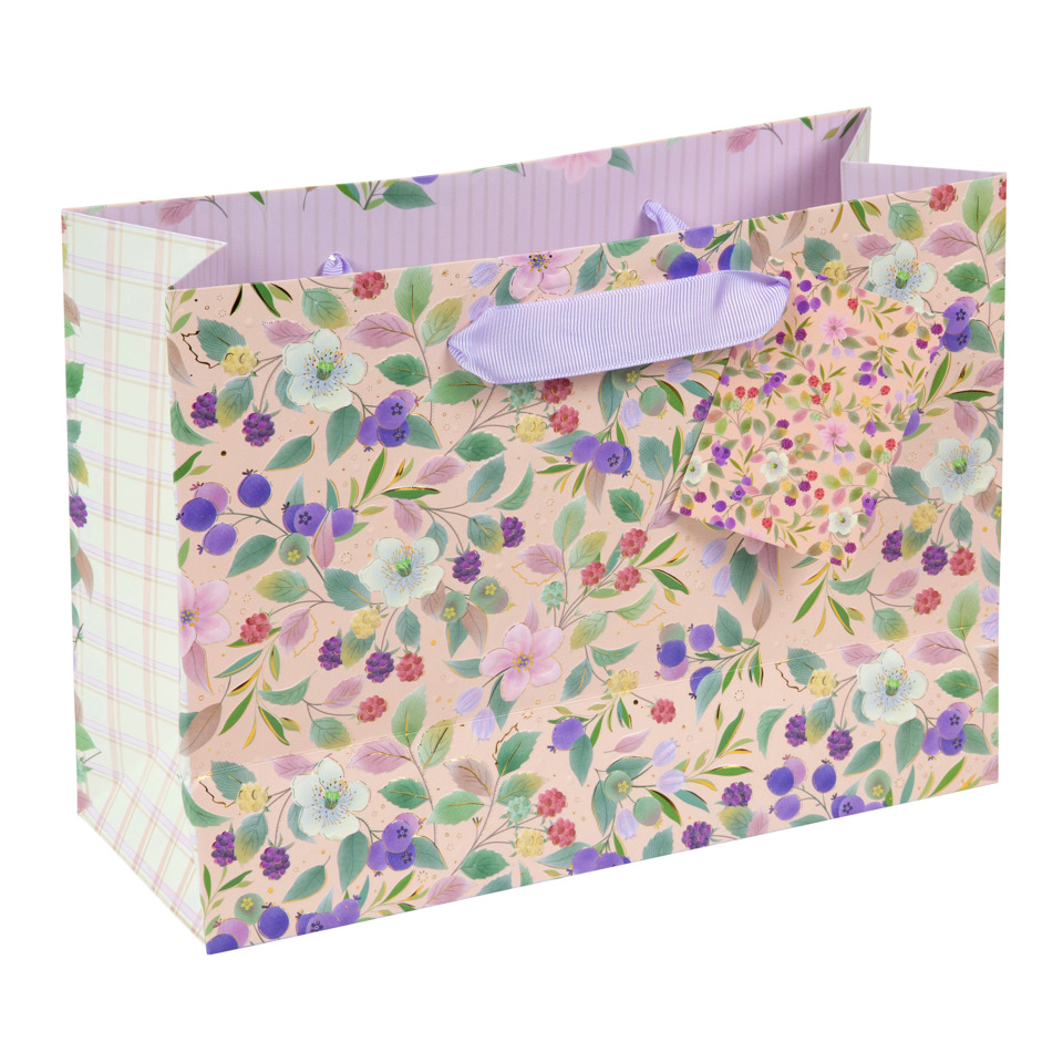 Geschenktüte, Blumenmuster, Papiertragetasche, Pastellfarben, Griffband-Look