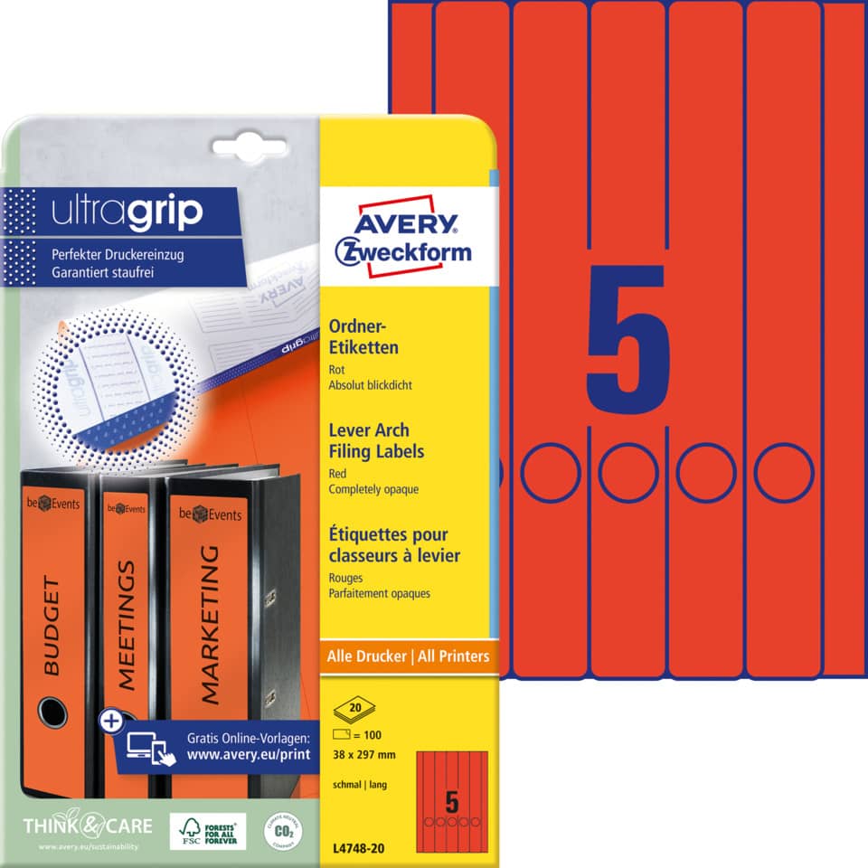 Ordnerrückenschild permanent, 38 x 297 mm, schmal/lang, 100 Stück, rot AVERY ZWECKFORM L4748-20
