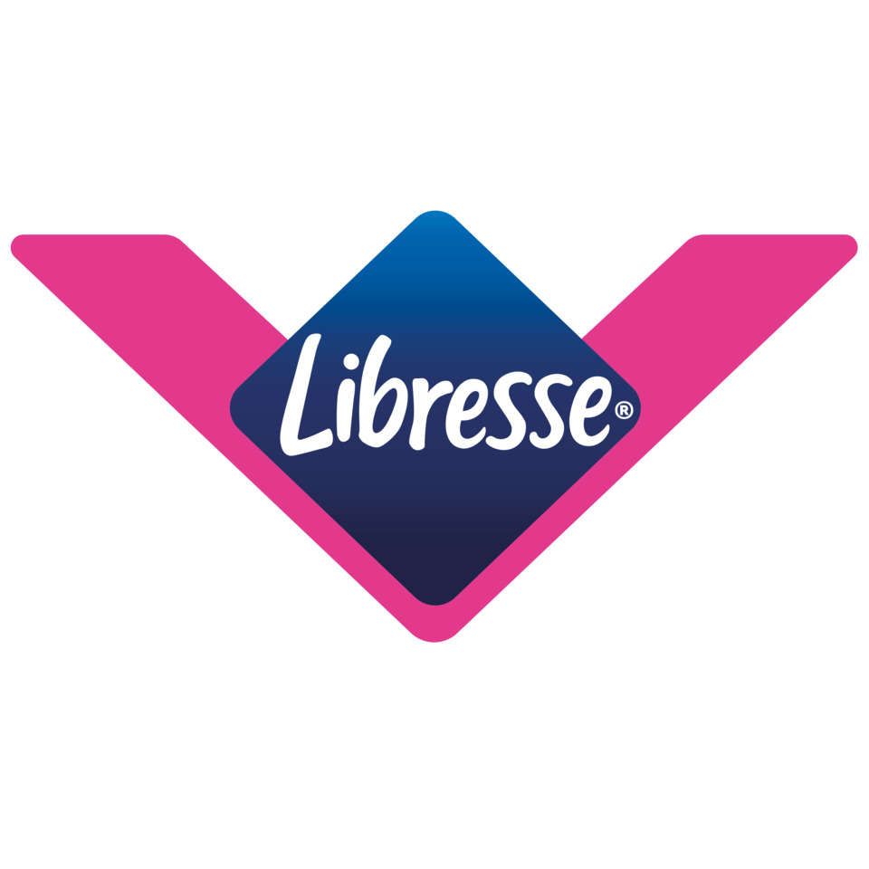 Libresse-Logo, rosa Häkchen, blaues Emblem