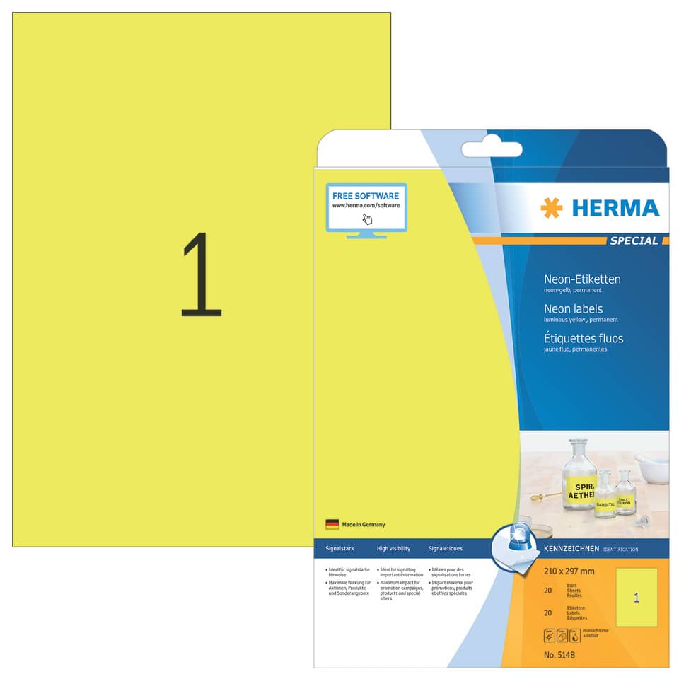 neon labels, neon cards, Signage label, gelb, Made in Germany