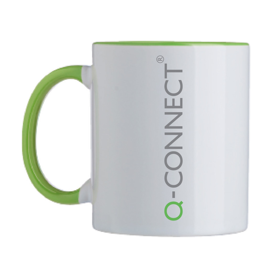 Kaffeebecher, Tasse, weißer Becher, Gummigriff, Q-Connect-Logo
