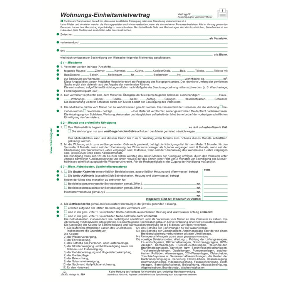 Mietvertrag, Wohnungsvertrag, Mietkaution, Betriebskosten, Nebenkosten