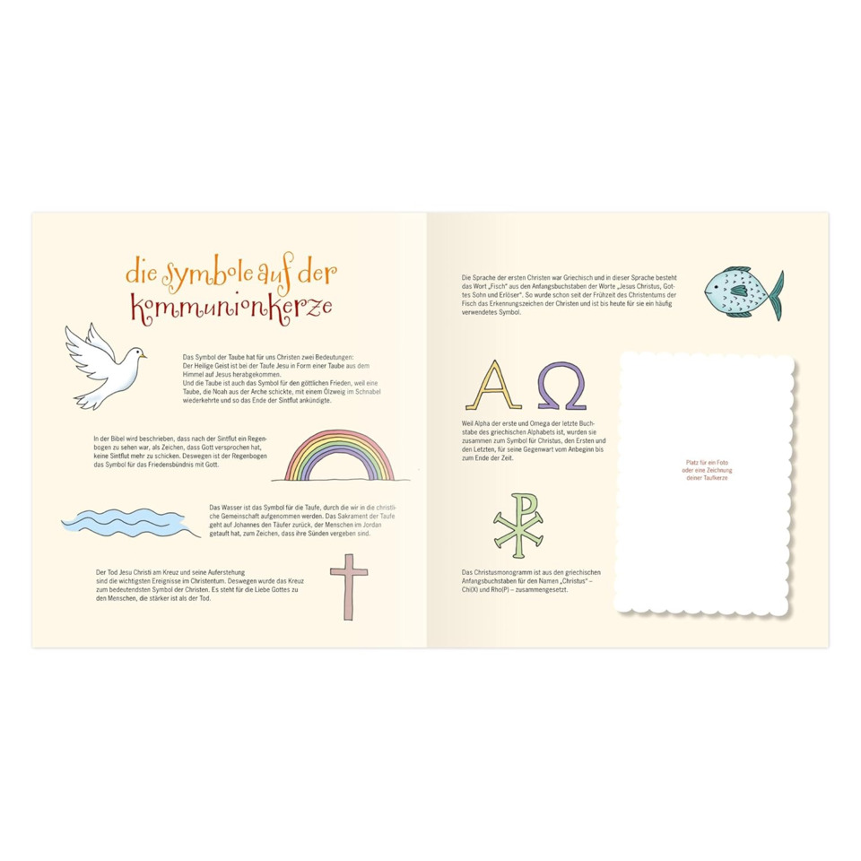 Kinderbuch, Religionssymbole, Taube, Regenbogen, Kreuz