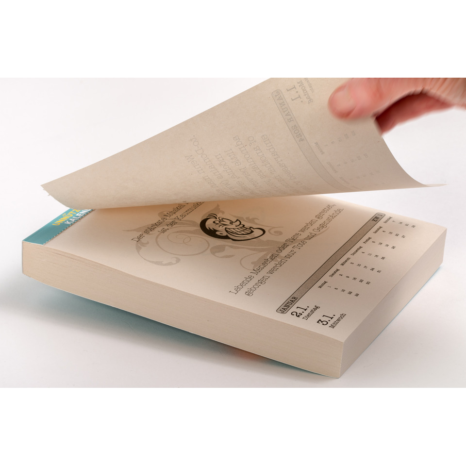 paperback, offenes Buch, Kalenderseite, milchweiß, weicher Schwung