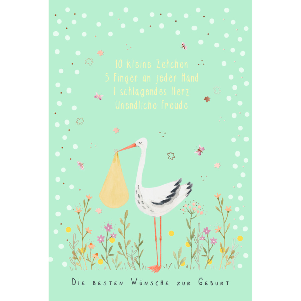 Storch, Geburtstag, Glückwunschkarte, Geburt, Kleiner Zauber, Paketträger, Blumen, Flora, Türkiser Hintergrund