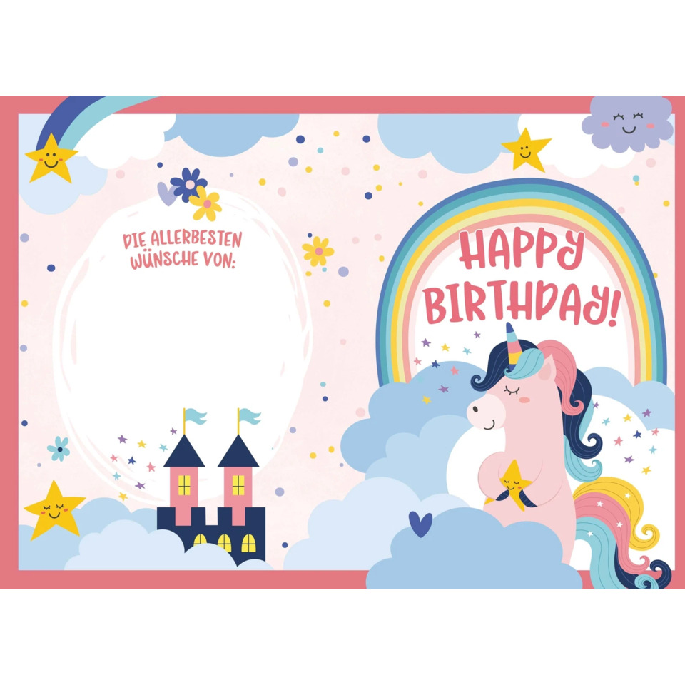 Happy Birthday, Einhorn, Regenbogen, Schloss, Sterne