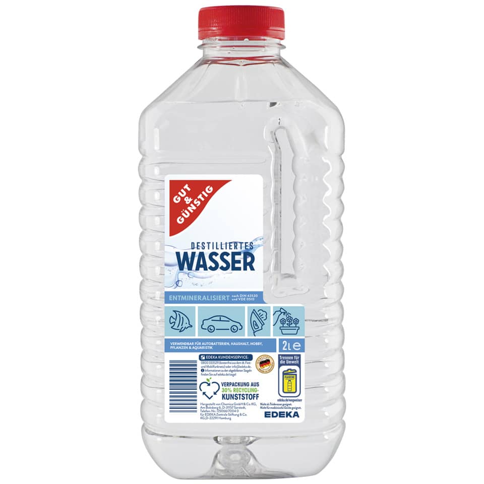 destilliertes wasser, 2 liter, plastikflasche, leer, kappe rot