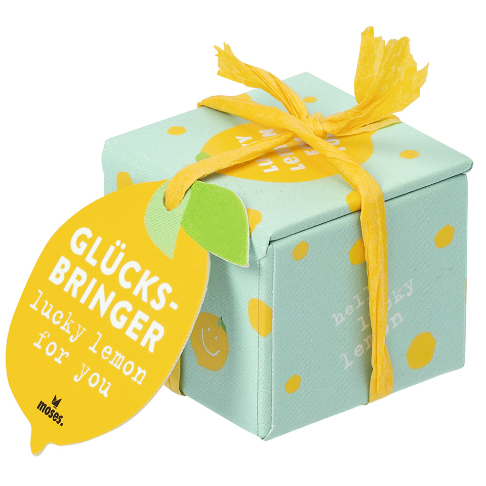  Geschenkbox, minzgrün, gelbes Band, Punktmuster, Zitronenanhänger