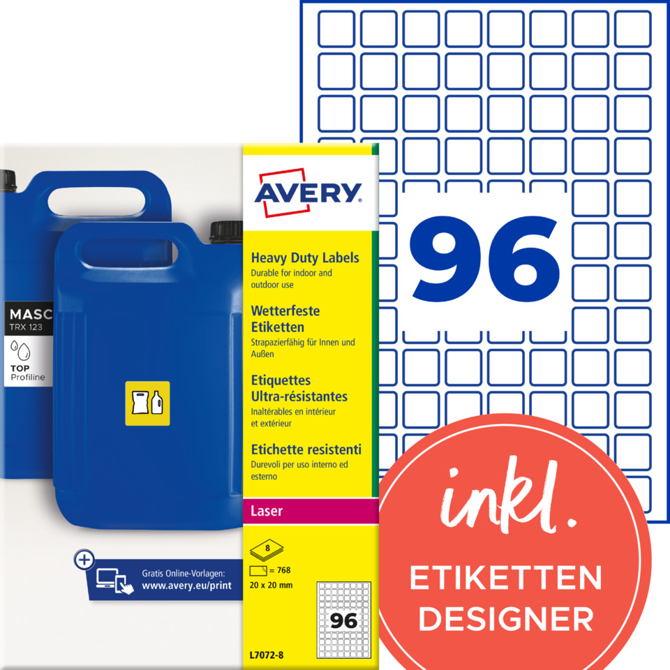 blue jerry can, plastic container, yellow label, laser labels, etiquetten designer