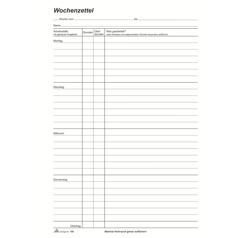 Wochenzettel, Kladde, Tagesplan, Formular, Spreadsheet