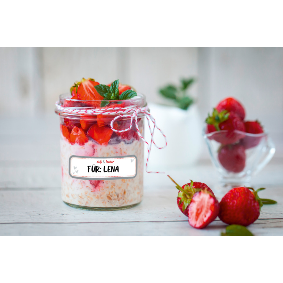 Glas, Erdbeeren, Erdbeerparfait, geschichtete Nachspeise, Aufkleber Personalisiert