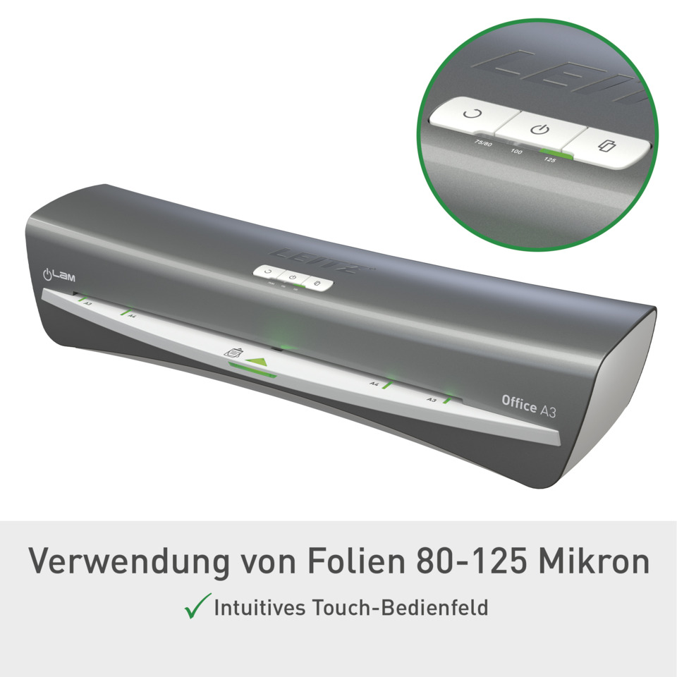  Laminator,  Office A3,  Folien 80-125 Mikron,  Touch-Bedienfeld,  grünliches Licht