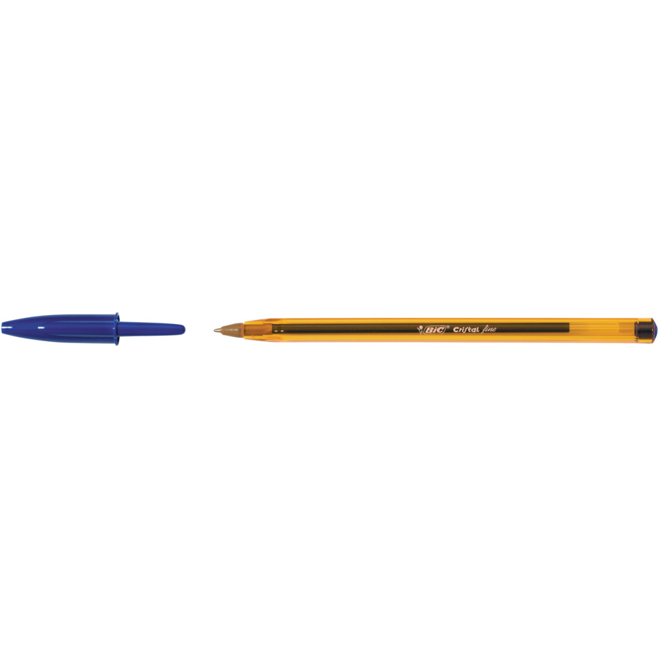 Kugelschreiber, Blauer Stift, Spitze Metall, Transparentes Gehäuse, Gelb-Orange Clip