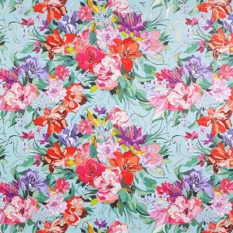 Blumenmuster, Bouquet, Pfingstrosen, helle Farben, hellblauer Hintergrund